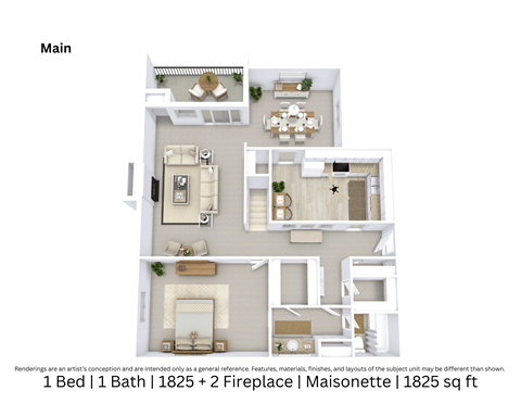 Floor plan for 1 bed, 1 bath, 1825 sqft